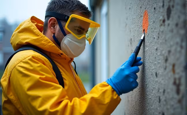 An image depicting a professional asbestos inspector wearing protective gear, holding a sample collection tool. The inspector should be examining a suspected asbestos-containing material, with highlighted areas to indicate the potential presence of asbestos. The environment should reflect a typical residential setting
