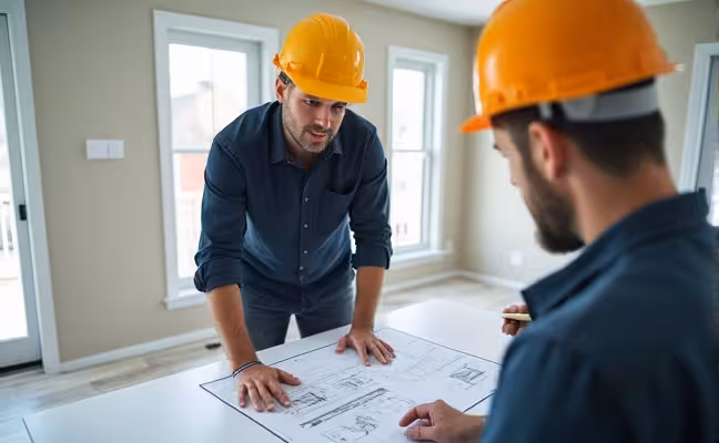 A professional contractor in a hard hat, discussing potential issues with a homeowner in a Toronto home. They are standing in a room marked for renovation, with blueprints spread across a table. The contractor is pointing towards areas on the blueprint, advising the homeowner about potential cost-saving measures and areas that require more investment