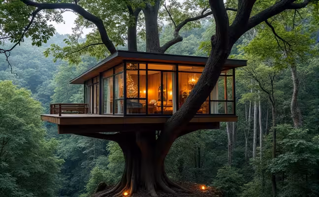 A luxurious treehouse perched on a sturdy, old tree in a dense forest. The design seamlessly integrates with the natural surroundings, featuring glass walls for panoramic views of the forest, a wooden deck, and hanging lanterns for a cozy evening ambiance