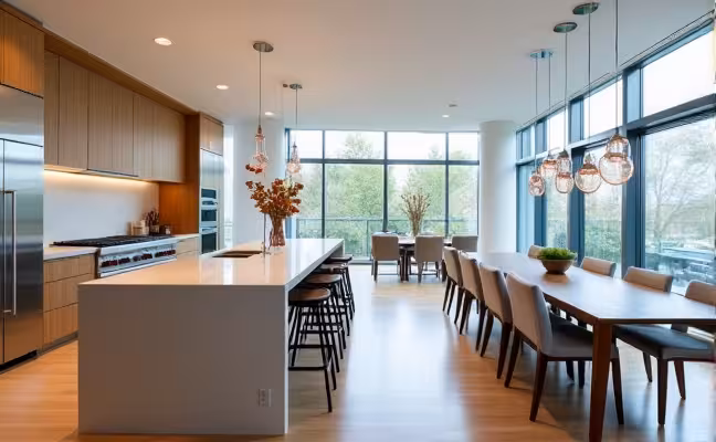 An open-concept kitchen and dining area in a modern Toronto home, featuring a large kitchen island with bar stools, commercial-grade stainless steel appliances, glass pendant lights hanging above the island, and a spacious dining area with a long dining table and upholstered dining chairs. The space should have high ceilings and floor-to-ceiling windows, creating an open, airy, and inviting atmosphere