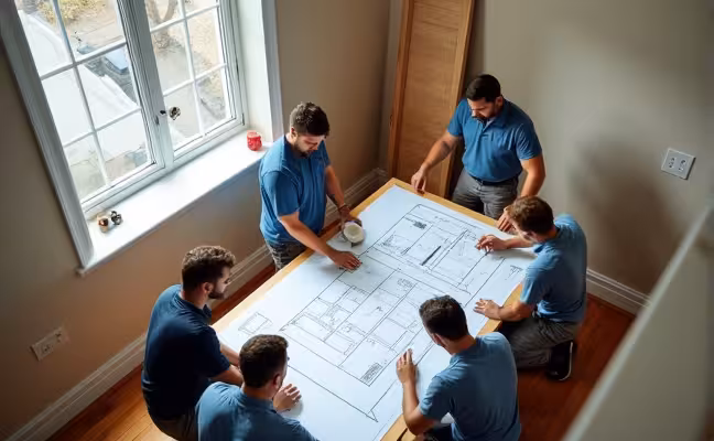 A detailed, high-angle shot of a professional renovation company team working on a home improvement project in a Toronto home. The team should be engaged in various activities such as planning the layout on a blueprint, installing a new kitchen, updating a bathroom, or setting up a home office. The image should give a sense of organized chaos and teamwork
