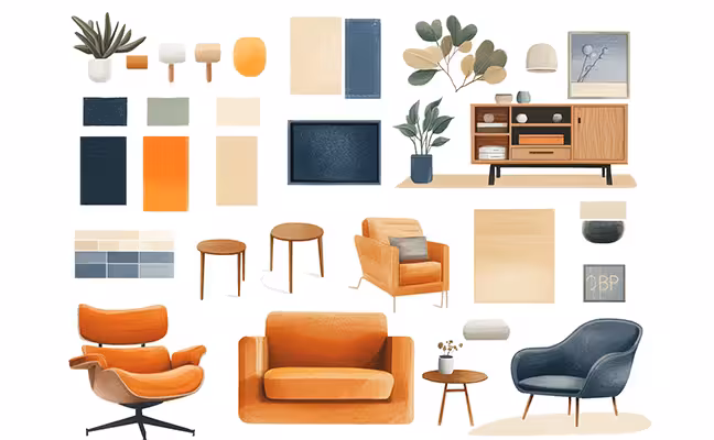 A visual representation of a style quiz, including various elements such as color swatches, furniture types, and different decor choices. The quiz should have multiple-choice questions that the reader can 'select'. Each choice should reflect a different style, like modern, rustic, or vintage