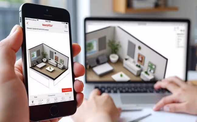 A smartphone showing an open 3D modeling application like SketchUp, with a detailed 3D model of a room layout in progress. Furniture items are being moved around in the space. Another device shows a shopping app like Wayfair, with a catalogue of furniture items and their descriptions