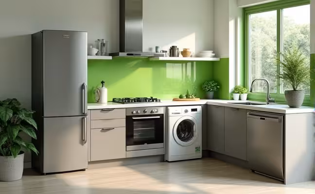 A sleek, eco-friendly kitchen filled with energy-efficient appliances including a steel refrigerator, a washing machine, and a dishwasher, all highlighted with green accents symbolizing their contribution to a more sustainable environment