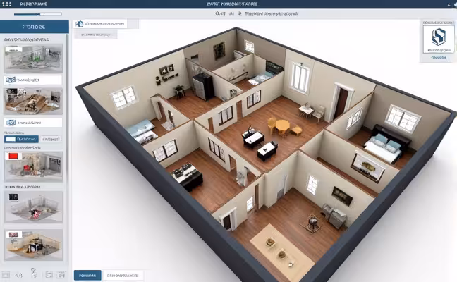 A screen capture of a professional virtual tour platform like Matterport, showing the interface with a 3D map of a renovated home. The map should trace a logical route from the entrance, through the main rooms, down to the secondary rooms, highlighting the renovation improvements. The platform's unique features are visible, such as tools for adding narration or text overlays