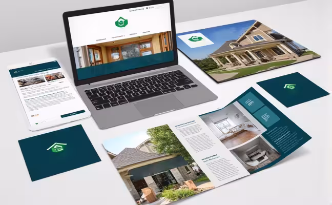 A collection of marketing materials including a website, social media pages, and physical brochures, all showcasing a unified branding design with a clear home services theme