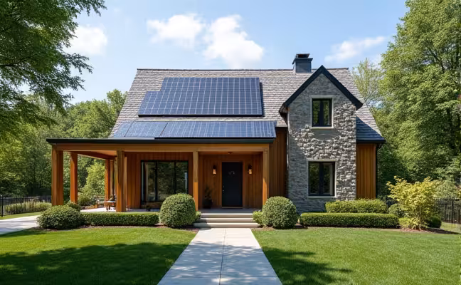 A modern, energy-efficient home with solar panels on the roof and a lush, green garden, representing sustainable construction and high resale value due to adherence to local building codes