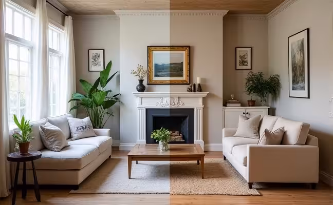 A split image showcasing the stark contrast between two living rooms: one renovated with high-quality materials boasting of durability and functionality, and the other with visibly deteriorating lower-quality materials, demonstrating the value of investing in high-quality renovation materials