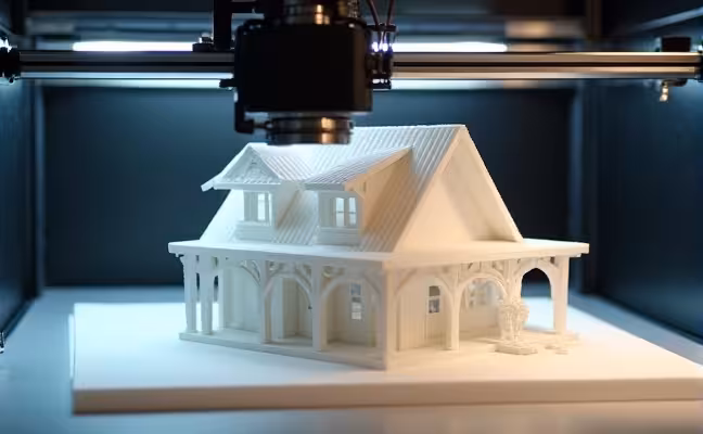 A 3D printer in action, creating a complex architectural model of a house with unique, intricate designs, symbolizing the freedom and creativity provided by 3D printing in home design