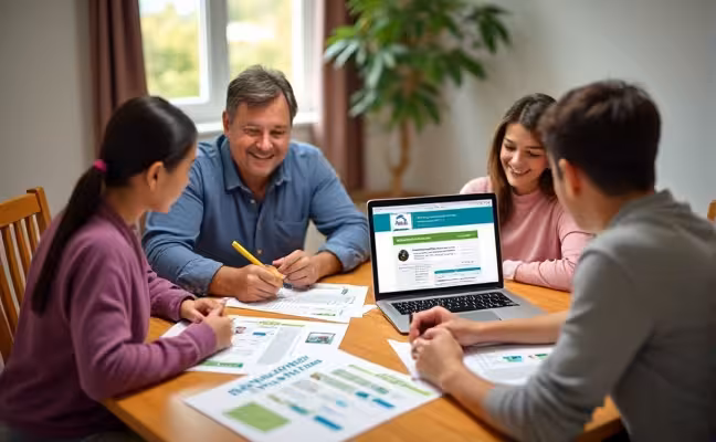 A depiction of a family sitting around a table, reviewing documents labeled 'Home Accessibility Tax Credit' and 'Canada Greener Homes Grant', with a laptop showing the official Canadian government website, representing the research process for government grants and rebates