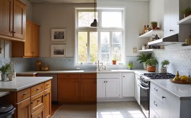 A split-screen image on the left showcasing a dull, outdated kitchen and on the right, a modern, beautifully renovated kitchen by SimpleHome. The renovated kitchen should include modern appliances, stylish countertops, and sleek cabinets representing the company's comprehensive services and innovative design capabilities