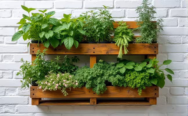 A vertical wooden pallet garden set against a white brick wall, filled with a vibrant array of herbs, small vegetables, and flowers, showcasing the clever use of space and the concept of recycling