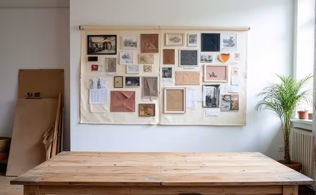 A mood board on a white wall filled with sketches, fabric swatches, and color samples, showcasing a mix of rustic and modern aesthetics, with an old wooden table in the foreground ready for transformation