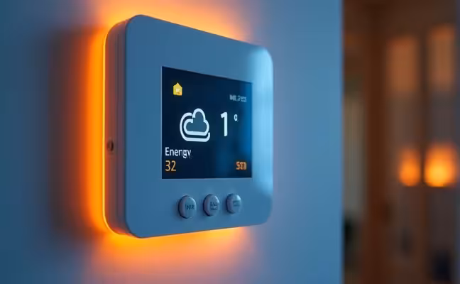 A modern, well-lit thermostat mounted on a wall, displaying the current temperature and weather conditions. It's adjusting the room temperature according to a pre-set schedule, with an interface indicating energy-saving mode