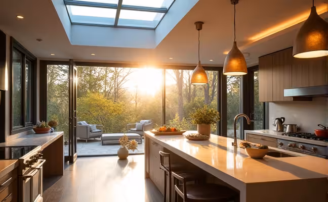 A modern, open-concept kitchen bathed in natural sunlight streaming through large windows and a skylight, highlighting the energy-efficient LED pendant lights over the island and the warm light under-cabinet task lighting