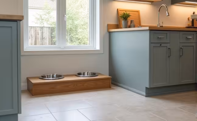 A modern, well-lit kitchen with tile flooring and an integrated feeding station including a pair of sleek pet bowls, adjacent to a cleanable surface and beneath a wall painted with pet-friendly, low-VOC paint