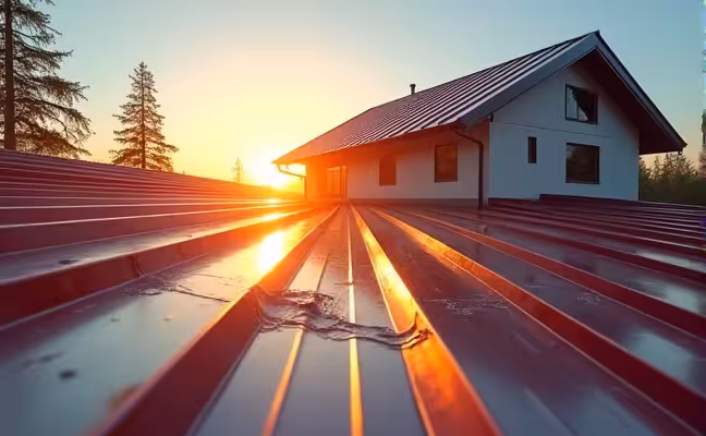 A vivid depiction of a Metal Roof reflecting sunlight on a modern, minimalist house, showing a slight dent to indicate the possibility of damage, but overall highlighting its durability and heat-reflecting properties