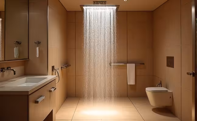 A luxurious bathroom with a rain shower installed overhead, casting a gentle spray of water. The room is softly lit with ambient and accent lighting, highlighting the high-end waterfall faucet and multi-function showerhead. On the floor, a heated flooring system gives off a warm glow