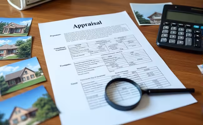 A detailed appraisal report placed on a wooden desk, showcasing various sections such as property size, condition, and comparisons. Around the report, there are pictures of similar properties in the neighborhood, a magnifying glass highlighting the home's features, and a calculator symbolizing the financial aspect of the appraisal