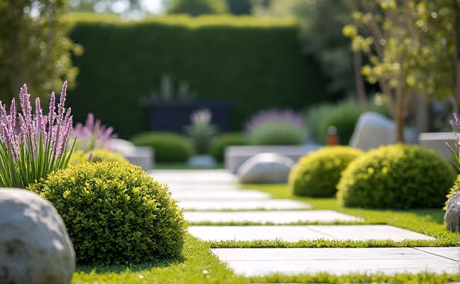 A modern garden featuring a visually appealing and simple geometric design, with minimalist plant variety, hardscape elements like rocks and pavers, and a discreetly placed automatic irrigation system with smartphone in foreground showing control app