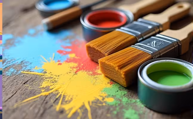 A detailed image of a set of high-quality painting tools spread out on a wooden table, featuring paintbrushes of various sizes, rollers, a can of primer, painter's tape, and a tin of both oil-based and latex-based paints in vibrant colors