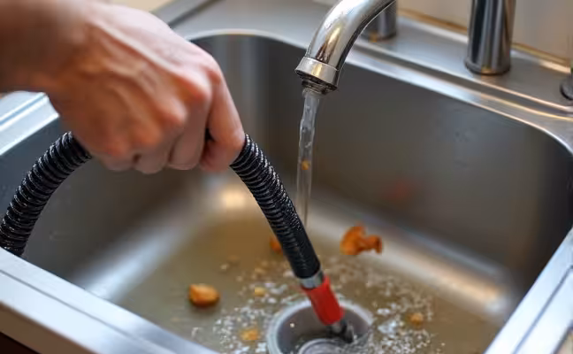 A plumber's hand using a plumber's snake to clear a clogged kitchen sink, with visible food debris and water in the basin, showcasing the tools and action involved