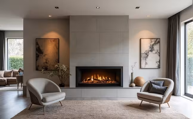 A stylish open-concept home with a two-sided fireplace serving as a room divider, visible from both rooms, and incorporated into a wall, creating a dramatic effect with its contemporary design