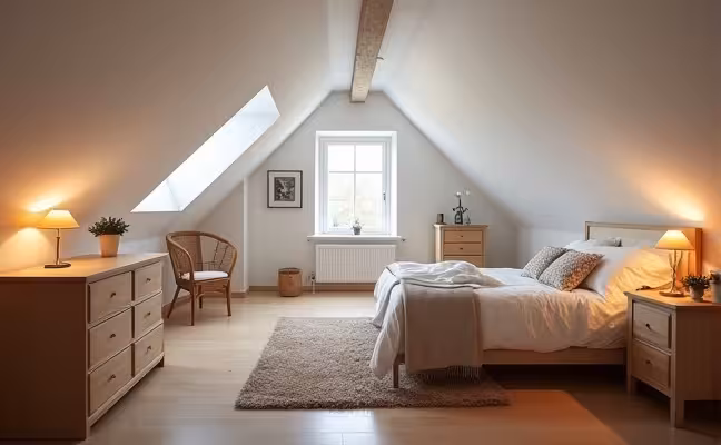 An attic transformed into a cozy bedroom with a blend of general, task, and accent lighting to compensate for limited natural light. The room features space-saving furniture, clever storage solutions, and light-colored walls to enhance the sense of space. Also, the environment should be calm and quiet, suggesting the presence of soundproofing materials