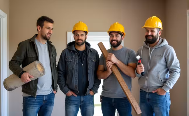 An image of a diverse team of professionals such as an architect, a plumber, an electrician and a carpenter, each holding their respective tools, working together in a Toronto home undergoing renovation, reflecting the variety of expertise needed in the renovation process