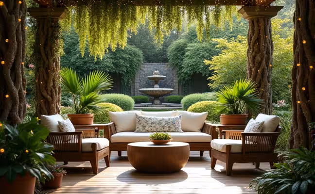 A cozy outdoor arrangement featuring a blend of nature and decor, with furniture facing a lush garden view, potted plants adding a touch of green, and a soothing water feature in the background, all under a canopy of twinkling fairy lights
