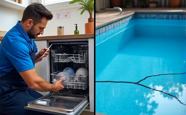 A detailed split-screen image showing a professional technician repairing a dishwasher on one side symbolizing what's covered, and a cracked swimming pool with a 'Not Covered' sign on the other side symbolizing limitations and exclusions