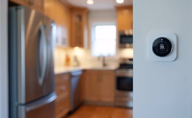 A modern, energy-efficient kitchen in a Toronto home with Energy Star-rated appliances including a refrigerator, dishwasher, and washing machine, next to a smart thermostat mounted on a wall, displaying a temperature setting