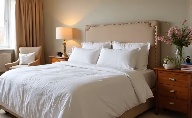 A cozy, welcoming guest room featuring a plush queen-sized bed with a white duvet and fluffy pillows, a wooden side table with a vintage reading lamp and a stack of books, an inviting armchair in one corner, and a glass vase with fresh flowers on a dresser