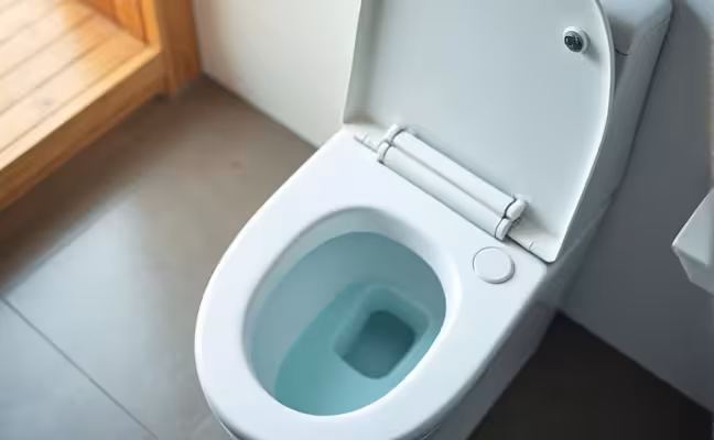 A high-efficiency toilet in a well-lit bathroom, featuring visible dual-flush technology. The image should show the toilet's efficient design and the dual-flush button or lever, with the toilet bowl filled with a minimal amount of water