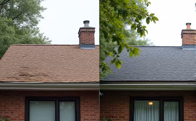 A before and after comparison image of a renovated roof in a Toronto home, showcasing the prioritization of urgent tasks. The before image shows a damaged, leaking roof, while the after image displays a newly fixed and improved roof