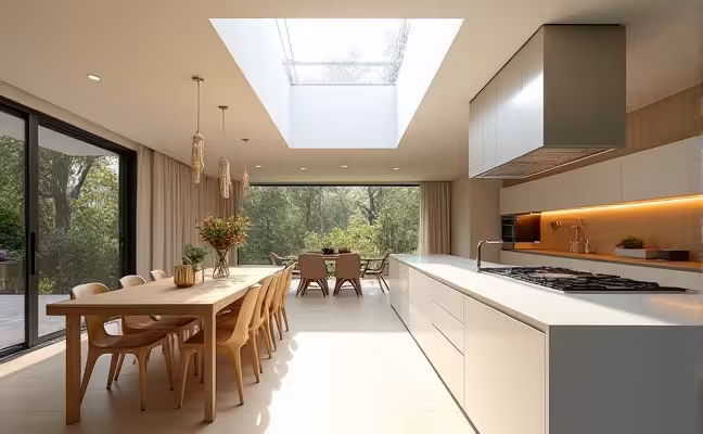 An open-plan kitchen and dining area under a large, clear skylight, the sun's rays illuminating the space, reflecting off light-colored surfaces and metallic decor