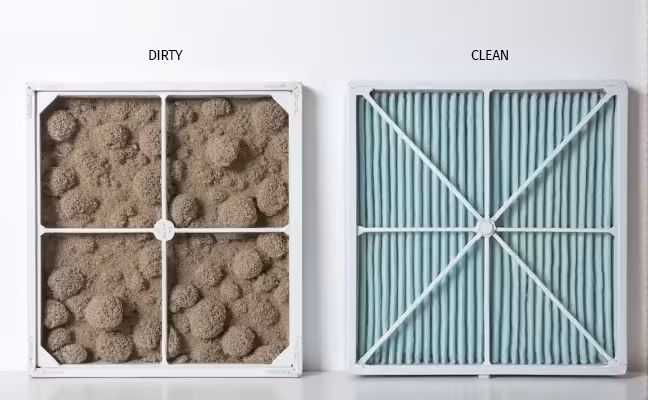 A visual comparison of a clean HVAC filter and a dirty one, showing the difference in airflow and particle trapping. The dirty filter should be visibly clogged with dust and airborne particles, emphasizing the reduced efficiency, while the clean filter should appear pristine, indicating optimal performance