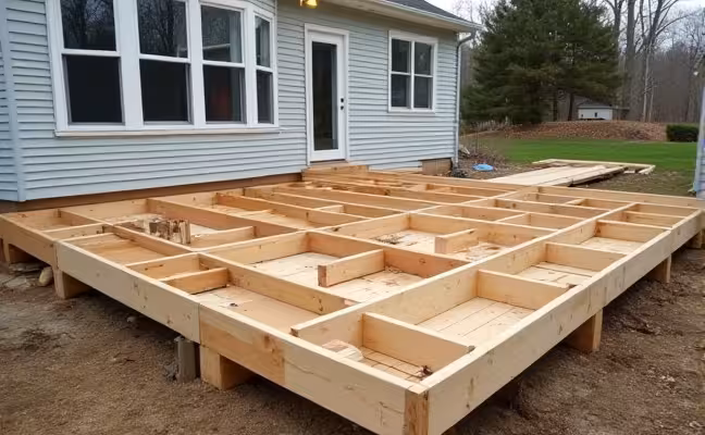 A step-by-step construction process of a deck frame being built against a house, highlighting key steps such as securing the ledger board, installing joists, and checking for level and square. The frame should be partially complete, showing the progress from raw materials to a structurally sound base