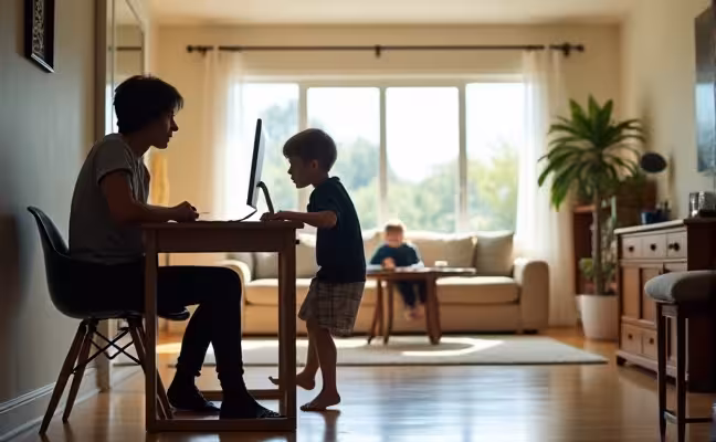 A challenging scenario in an open-concept home, depicting a person trying to focus on work at a desk while children play loudly nearby, illustrating the issues of noise levels and lack of privacy