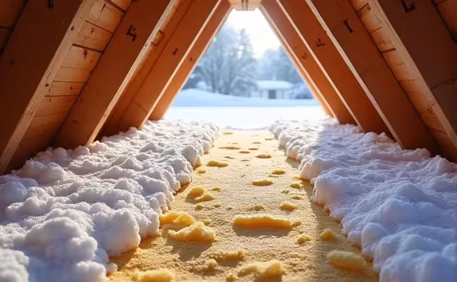 A image showing a well-insulated attic with a layer of insulation on the attic floor, preventing warm air from escaping. The roof should be visibly cold, with snow on top, and no signs of melting or ice dams