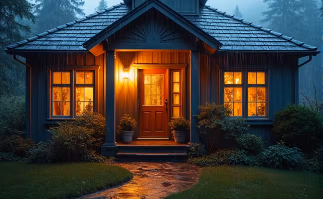 An image of a home equipped with storm doors and windows, showcasing the sturdy materials resisting heavy rain and wind, with a warm glow emanating from within the house