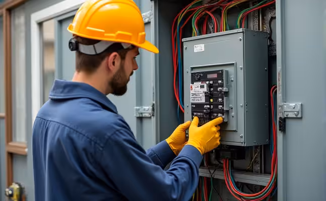 A professional electrician, wearing safety gear, working on a complex electrical panel with various colored wires, demonstrating the necessity of expert intervention in intricate tasks