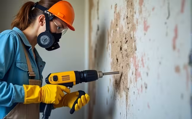 An image of a person wearing protective gear such as a respirator mask, goggles, and gloves while removing lead paint from an old wall using a heat gun, showcasing the safety precautions during lead paint removal
