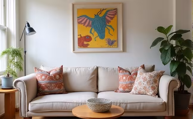 A cozy, well-lit living room interior featuring DIY decor elements such as a unique wall art hanging above a refurbished vintage sofa, complemented by handmade throw pillows in various patterns
