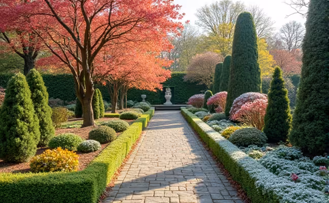 A panoramic view of a garden through four seasons, with spring displaying blooming flowers, summer showcasing lush green foliage, autumn featuring orange and red leaves, and winter portraying evergreen trees and garden sculptures dusted with snow, highlighting the importance of seasonality in landscaping