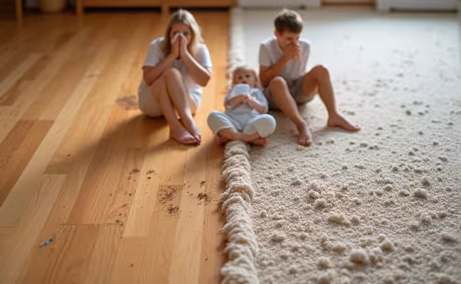 An image illustrating the health benefits of hardwood floors over carpet: The scene comprises a tidy, allergen-free hardwood floor on one side and a carpeted floor on the other with visible dust particles and allergens trapped in the fibers. A family with a member holding a tissue to their nose, implying allergy issues, is seen contemplating the two options