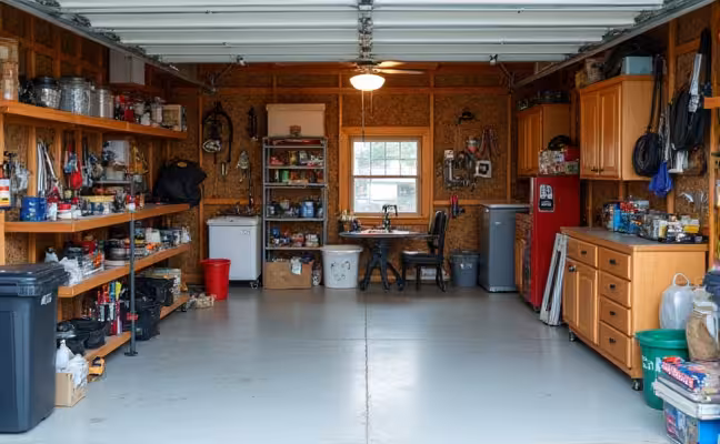 A before and after comparison of a cluttered and then organized garage. The 'before' image should depict a messy, cluttered garage filled with various items scattered around. The 'after' image should show the same garage after a decluttering and organizing process, with items neatly stored in shelving units, cabinets, and pegboards, and an overall tidy, well-lit space