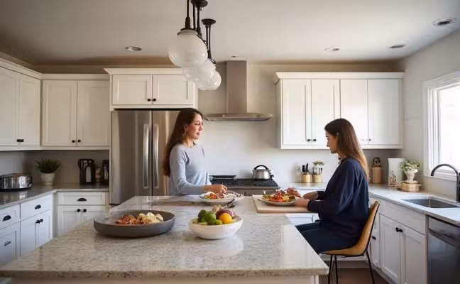 A modern kitchen with stainless steel appliances, shining granite countertops, freshly painted white cabinets, bright overhead lighting, and a couple of people enjoying a meal at a kitchen island, signifying a warm, inviting space