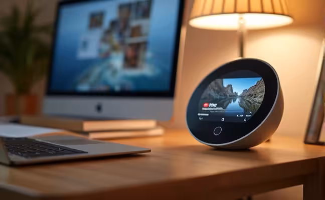 Google Nest Hub Max nestled in a home office setup, showcasing a YouTube video on its screen, while a digital photo slideshow plays in the background. The office space is well-lit, with smart devices like a lamp and laptop visible, all under Google Nest's control