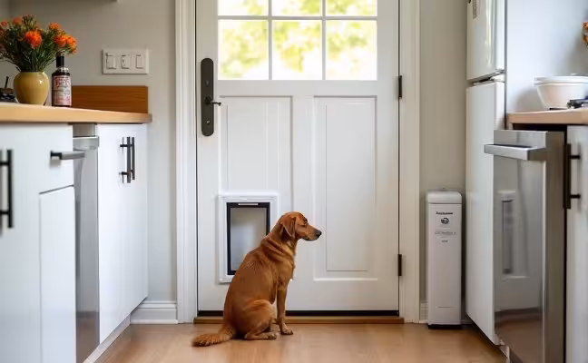 A bright kitchen interior demonstrating a pet-friendly design: a pet door installed on the lower part of the backdoor, cleverly hidden electrical wires, and a sturdy, locked trash can. A bowl of pet-safe cleaning products is visible on the counter, and an air purifier hums quietly in the corner